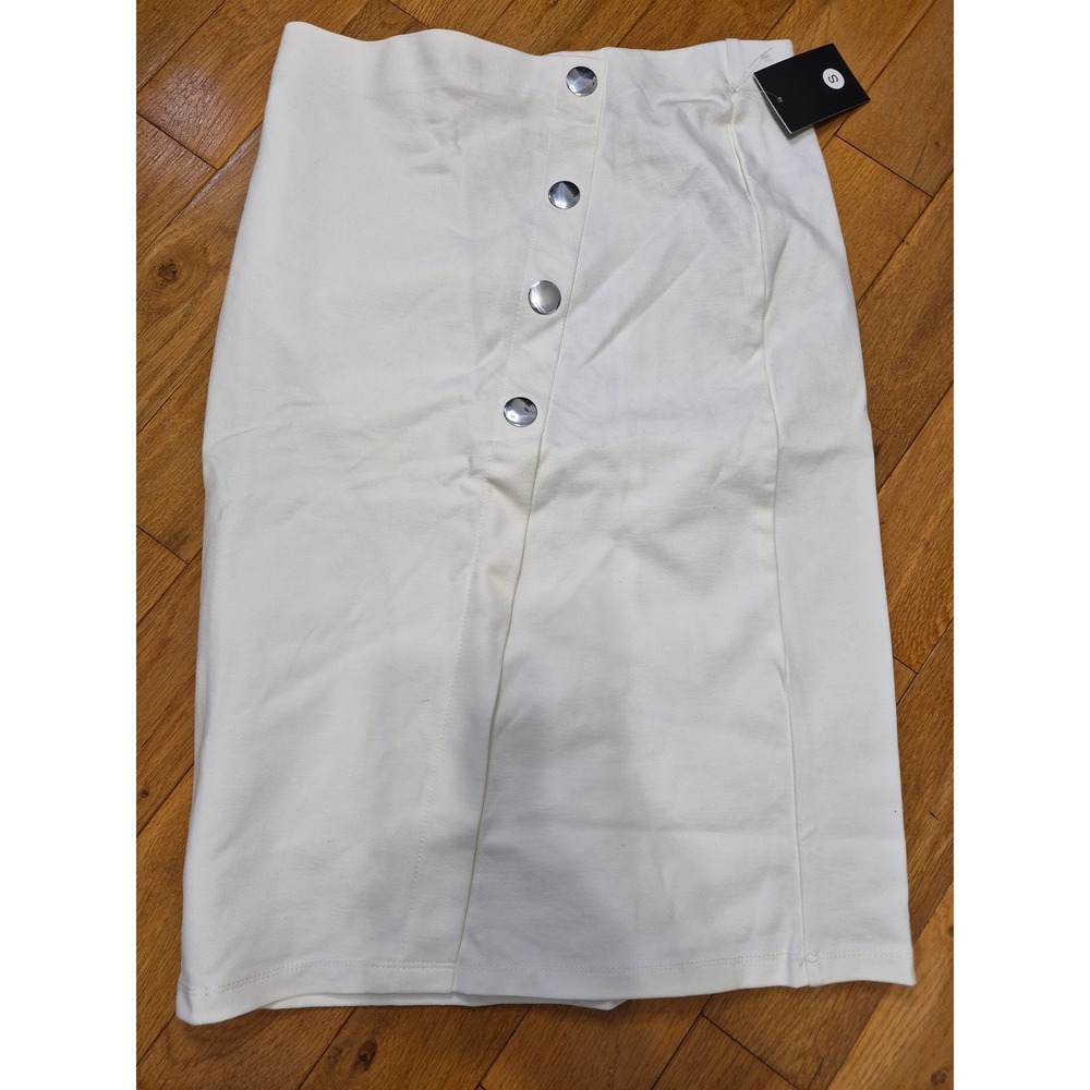 Messini White Button Front Pencil Skirt Small Ponte Knit Silver Buttons 1342P